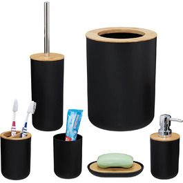 Relaxdays Badezimmer Set, 6-teilig, Badaccessoires Kunststoff, Bambus, komplette Badezimmerausstattung, Badset, (Schwarz)