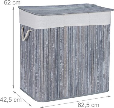 Relaxdays Wäschekorb, mit 3 Fächern, mit Deckel, rechteckiger Wäschesammler, HBT: 62 x 62,5 x 42,5 cm, aus Bambus,  10041530_49 (Grau)