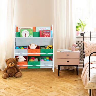 Relaxdays Kinderregal mit 6 Boxen & 2 Hängefächern, 74x62,5x31 cm, Spielzeugregal, bunt