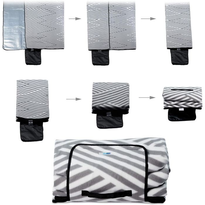 Relaxdays XXL Picknickdecke, 600x200 cm, isoliert, wasserdicht, Fleece Stranddecke, Tragegriff, Zickzack, weiß/grau