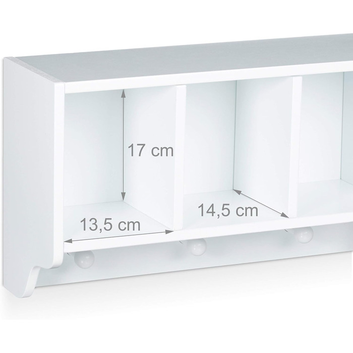Relaxdays Kinder Wandregal ALBUS, Wandgarderobe mit 4 Kleiderhaken, Kinderregal mit 4 bunte Faltboxen, HBT: ca. 28 x 61 x 16 cm, weiß 16 x 61 x 28 cm