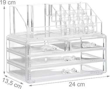 Relaxdays Make Up Organizer Acryl, 2-teilige Schminkaufbewahrung mit Lippenstifthalter und 4 Schubladen, transparent, 19 x 24 x 13.5 cm