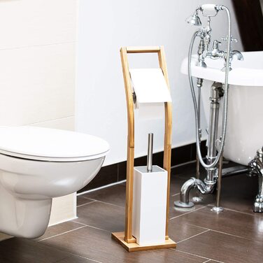 Relaxdays Stand WC Garnitur Holz HBT 75 x 19 x 19 cm Toilettenbürstenhalter aus Bambus mit Toilettenpapierhalter und Klobürst