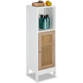 Relaxdays Badezimmerschrank, 3 Fächer, 96,5x30x30 cm, schmal, Rattan-Tür, weiß/Natur