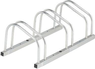 Relaxdays Fahrradständer Boden, für 3 Fahrräder, bis 50 mm Reifenbreite, Metall, Garage, Fahrrad-Aufstellständer, silber