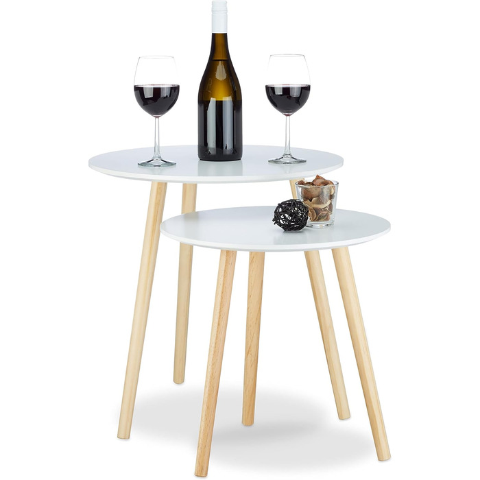 Relaxdays Beistelltisch 2er Set skandinavisch, 70er Design, Nachttische, Satztische, Durchmesser 39 und 47,5 cm, weiß, 47.5 x 47.5 x 47 cm