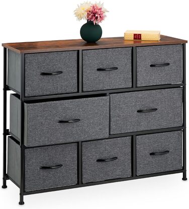 Relaxdays Kommode Industrial, 78,5x100x30 cm, 8 Schubladen, Stoff/Metall, Holzoptik, Sideboard, grau/braun