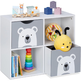 Relaxdays Kinderregal Bär, 2 Schubladen, 2 offene Fächer, H x B x T: 48 x 60 x 24,5 cm, Bücherregal Kinder, weiß/grau 48 x 60 x 24,5 cm Weiß/Grau