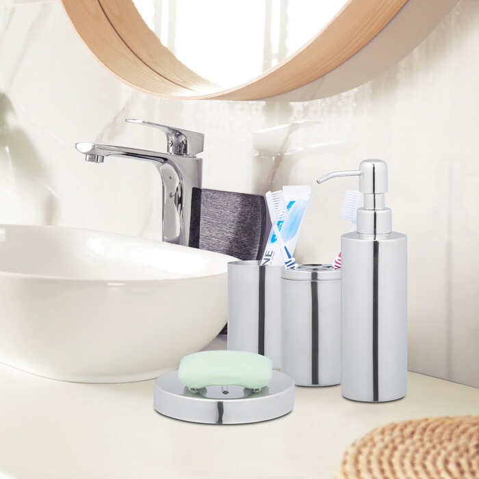 Relaxdays 4-tlg. Badezimmer Set glänzendes Silber