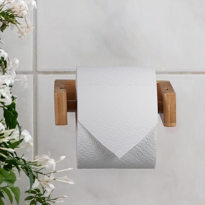 Relaxdays Toilettenpapierhalter Set, Bambus, 4 Rollen, WC-Rollenhalter Wandmontage & Ersatzrollenhalter stehend, natur