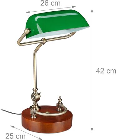 Relaxdays Bankerlampe, neigbarer Glasschirm, Holzfuß, E27-Fassung, Schreibtischlampe Retro, Bibliothekslampe, grün-braun, 42 x 26 x 25 cm