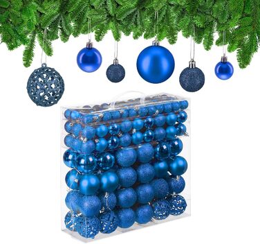 Relaxdays Weihnachtskugeln 150er Set, glitzernd, matt & glänzend, Kunststoff, ∅ 3, 4 & 6 cm, blau