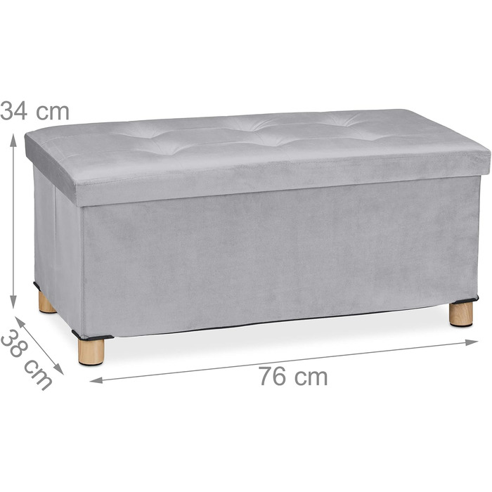 Relaxdays Sitzbank mit Stauraum, Samt, Holzfüße, 120 kg, faltbar, 34x76x38 cm, Hellgrau