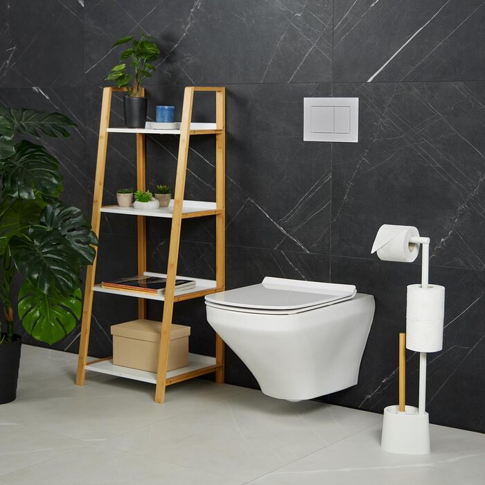 Relaxdays WC Garnitur, Bambus, Edelstahl, freistehender Klopapierhalter, Toilettenbürste, (Weiß)