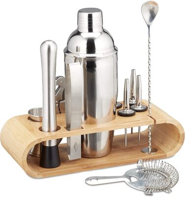 Relaxdays 11-tlg. Profi Cocktail Set: Ständer, Shaker, Barmaß, Ausgießer, Eiszange, Edelstahl, silber/natur