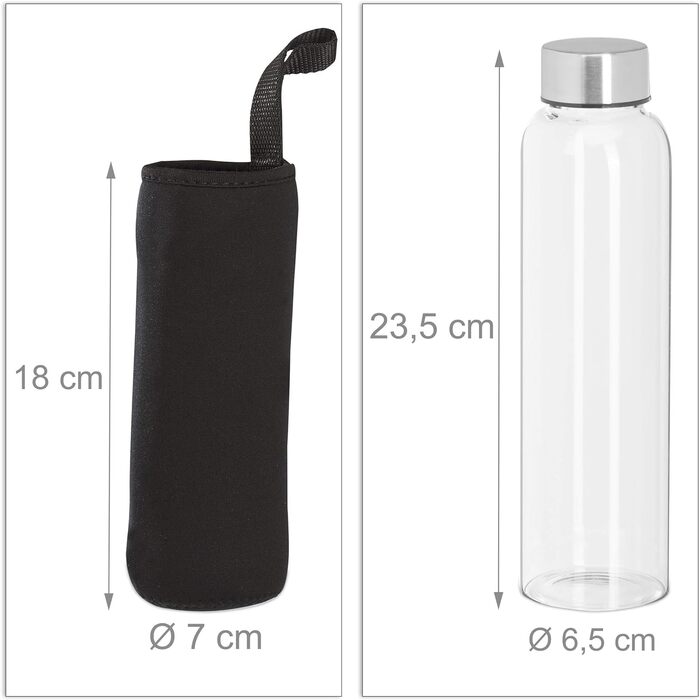 Relaxdays 6er Set Trinkflasche Glas, Wasserflasche mit Hülle, 500ml, spülmaschinenfest, wasserdicht, transparent/schwarz
