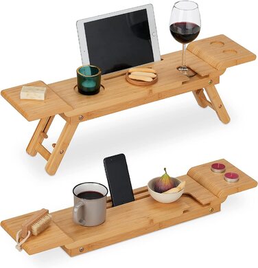 Relaxdays Badewannenablage Bambus, 70cm breit, Badetablett für Glas, Handy, Tablet, Badewannenbrett zum Einhängen, Natur