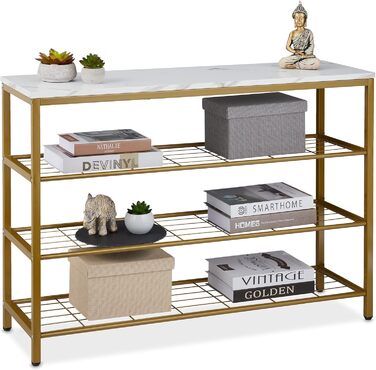 Relaxdays Konsolentisch, Marmoroptik, 70x101x30 cm, Metall & MDF, 4 Ablagen, Gold/weiß
