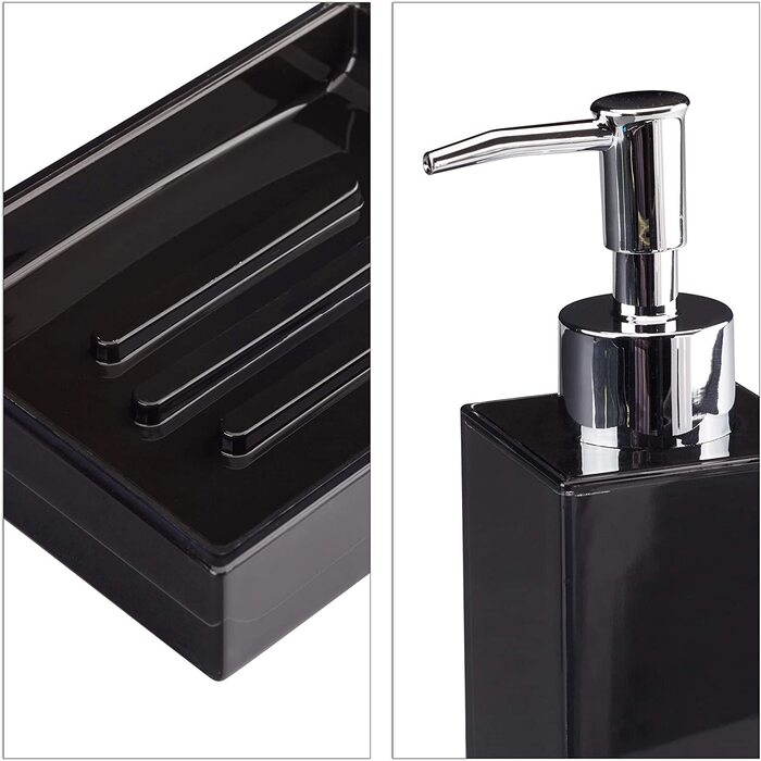 Relaxdays Badaccessoires Set 4-teilig, modern, Zahnputzbecher, Zahnbürstenhalter, Seifenspender, Seifenschale, schwarz, 9 x 12 x 19.5 cm