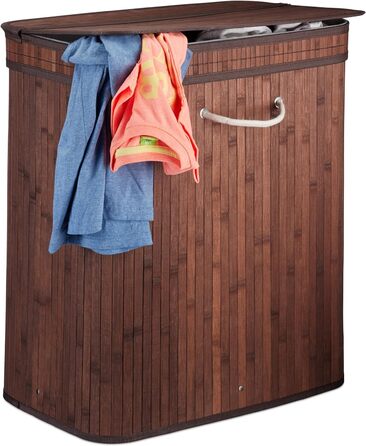 1x Wäschekorb Bambus, rechteckig, 2 Fächer, Klappdeckel, faltbar, 95 l, braun