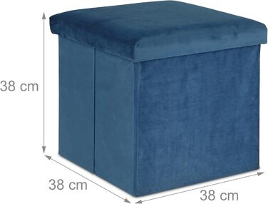 Relaxdays Sitzhocker, faltbar, 38x38x38 cm, Stauraum, MDF & Samt, blau