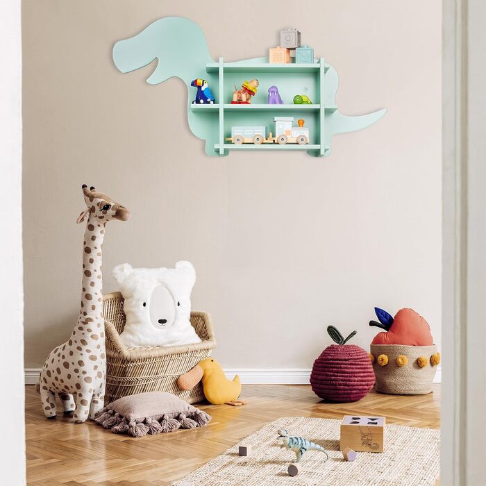 Relaxdays Kinderregal Dino, 2 Fächer, Bücherregal, HBT: 43,5x84x13,5 cm, türkis, Faserplatte