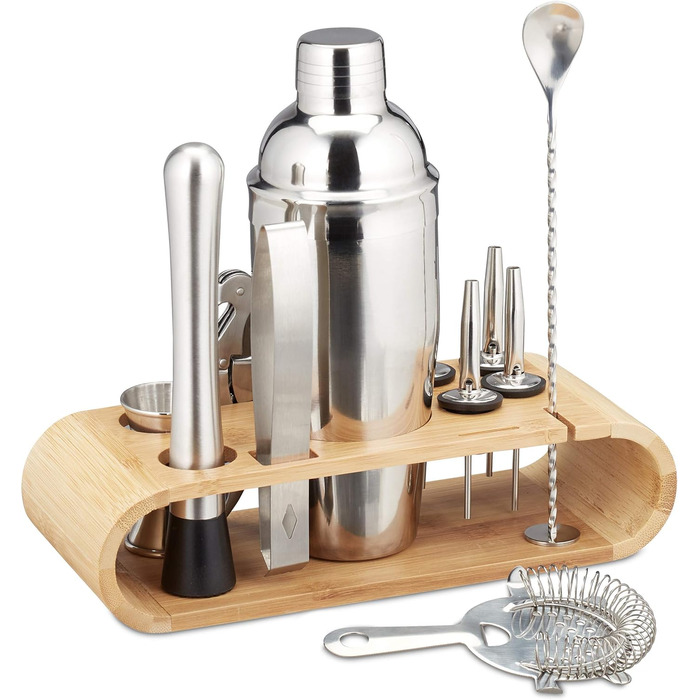 Relaxdays 11-tlg. Profi Cocktail Set: Ständer, Shaker, Barmaß, Ausgießer, Eiszange, Edelstahl, silber/natur