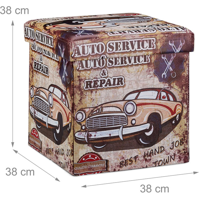 Relaxdays Faltbarer Sitzhocker 38 cm, stabiler Würfel mit Motiven, Fußablage & Aufbewahrungsbox