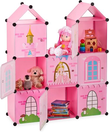 Relaxdays Steckregal Kinderzimmer, Prinzessinnenschloss, Kunststoff, DIY Schrank mit Türen, HBT: 128 x 110 x 37 cm, rosa Single