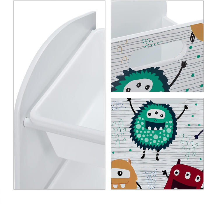 Relaxdays Kinderregal mit 3 Boxen, Monster-Motiv, Kiste mit Rollen, HBT: 80,5x42,5x30 cm, schmales Spielzeugregal, weiß, 10037514_0