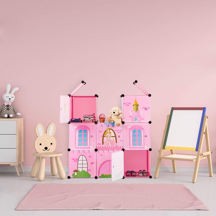Relaxdays Steckregal Kinderzimmer, Prinzessinnenschloss, Kunststoff, DIY Schrank mit Türen, HBT: 128 x 110 x 37 cm, rosa Single