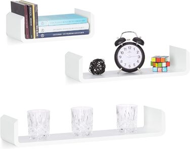 Relaxdays Regalbrett 3er Set, Hängeregal Wand, Wandboard Holz, Gewürzregal hängend, Wandregal, U-Form, MDF, weiß