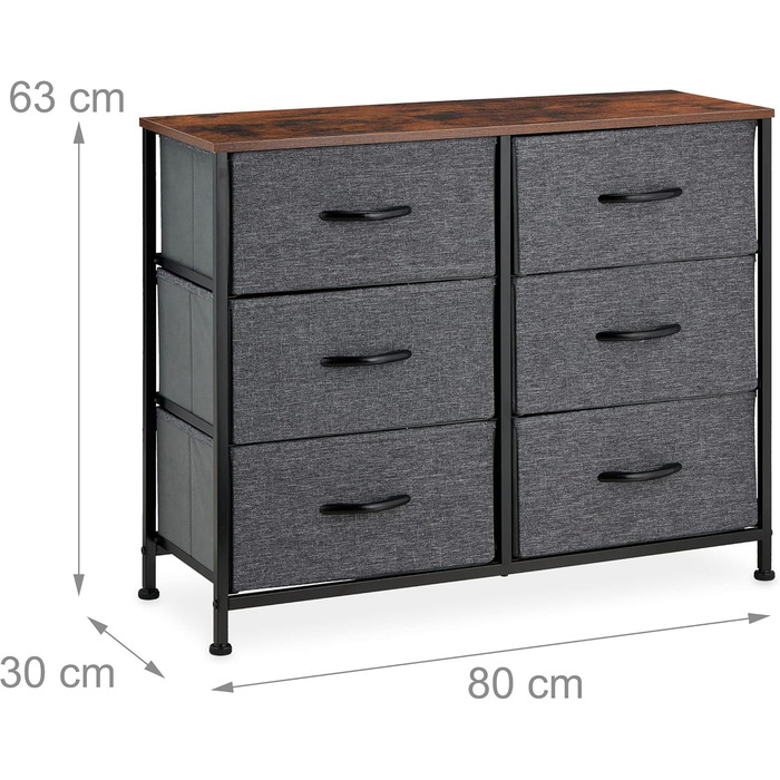 Relaxdays Kommode, 63x80x30 cm, Metall & Holzoptik, 6 Stoff-Schubladen, Moderne Beistellkommode, Mehrfarbig