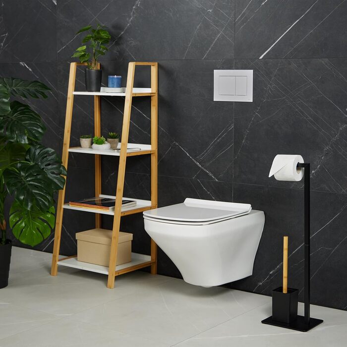 Relaxdays WC Garnitur, Bambus, Edelstahl, Klopapierhalter & Toilettenbürste mit Halter, schwarz/natur