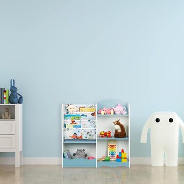 Relaxdays Kinderregal, 7 Fächer für Bücher & Spielzeug, Hundemotiv, HxBxT: 84 x 86 x 26 cm, Kinderzimmerregal, bunt