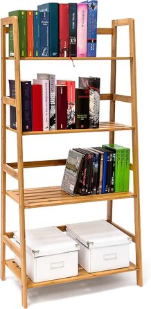 Relaxdays Bücherregal aus Bambus mit 4 Ablagen HxBxT: ca. 120 x 57 x 31 cm Regal für Bücher in Leiterform Standregal mit Durschubsicherung als Bücherschrank und Büroregal Aktenregal aus Holz, natur Single