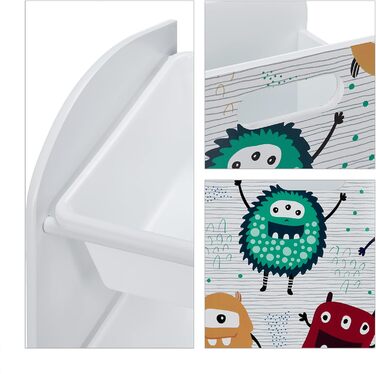 Relaxdays Kinderregal mit 3 Boxen, Monster-Motiv, Kiste mit Rollen, HBT: 80,5x42,5x30 cm, schmales Spielzeugregal, weiß, 10037514_0
