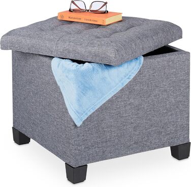 Relaxdays Sitzhocker mit Stauraum, 42x45x45 cm, gesteppt, Stoffbezug, Schaumstoffpolster, grau