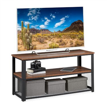 Relaxdays TV Bank, 3 Ablagen, Metall, Holzmaserung, für Wohnzimmer, Industrial, Couchtisch, HxBxT: 51x100x40 cm, braun