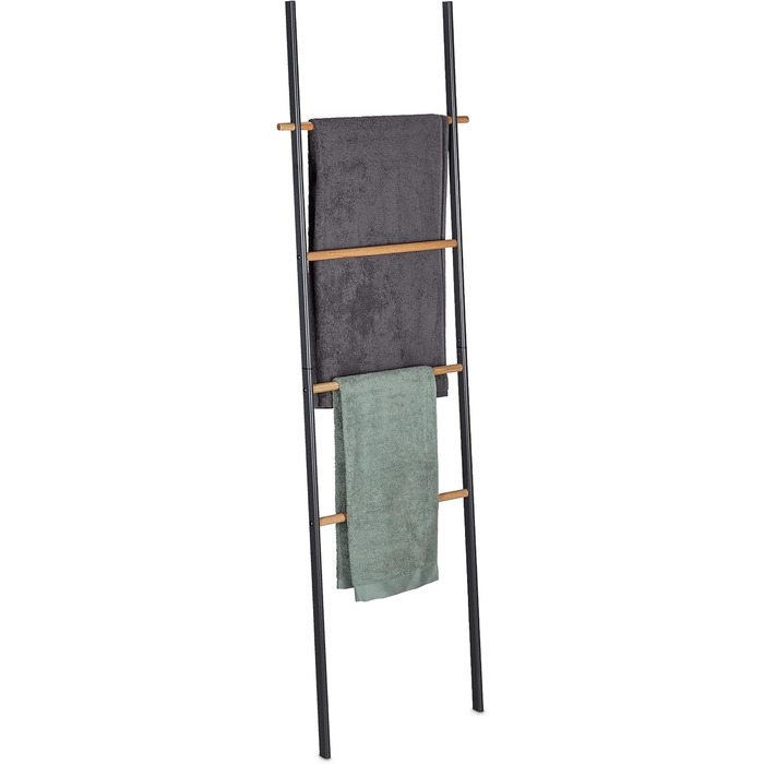 Relaxdays Handtuchleiter, Holz & Metall, 4 Sprossen, zum Anlehnen, 171x50x3 cm, anthrazit/Natur