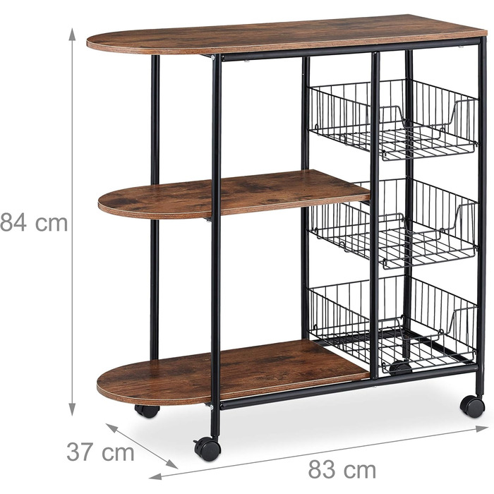 Relaxdays Servierwagen, 3 Ablagen & Körben, Industrial, Metall & MDF, 84x83x37 cm, weiß/braun