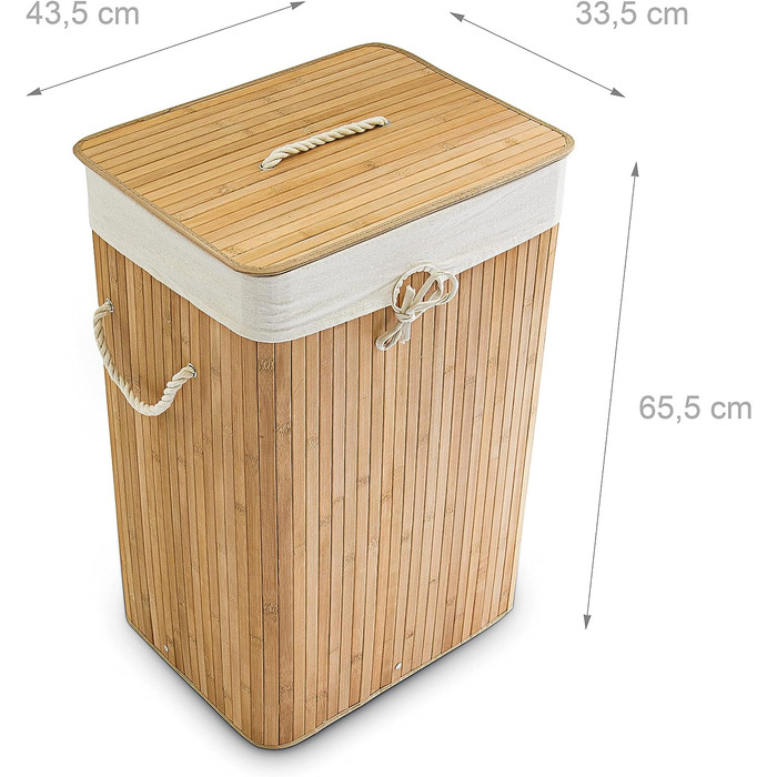 Relaxdays Wäschekorb Bambus, mit Deckel, rechteckig, XL, 83 L, faltbarer Wäschesammler, HBT 65,5 x 43,5 x 33,5 cm, natur