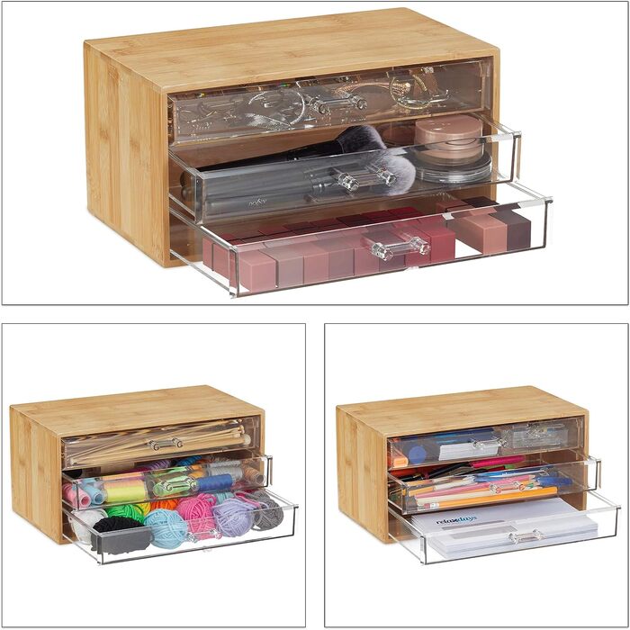 Relaxdays Kosmetik Organizer, 3 Schubladen, Make Up & Schmuckaufbewahrung, HBT 15x30x17,5cm, Bambus Schubladenbox, Natur, PS, 1 Stück