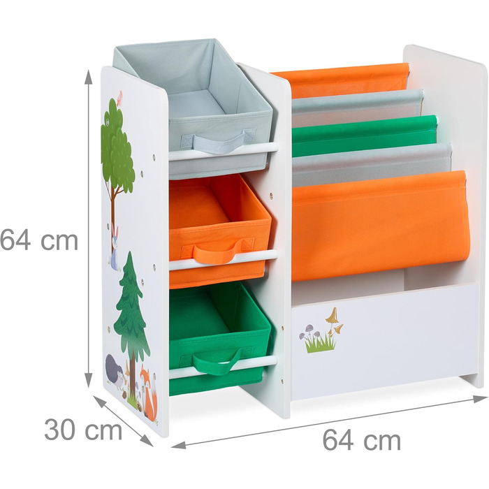 Relaxdays Kinderregal mit 3 Boxen, 4 Taschen, 1 Fach, HBT: 64x64x30 cm, Spielzeugregal Kinderzimmer, bunt