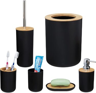 Relaxdays Badezimmer Set, 6-teilig, Badaccessoires Kunststoff, Bambus, komplette Badezimmerausstattung, Badset, (Schwarz)
