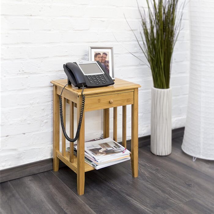 Relaxdays Bambus Beistelltisch mit Schublade H x B x T: ca. 51,5 x 40,5 x 30,5 cm Nachttisch aus robustem Holtz als schmale Nachtkonsole mit Schubfach als kleiner Tisch mit 2 Ablageflächen, natur Single