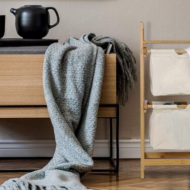 Relaxdays Wäschekorb Bambus, Wäschesortierer mit Ablage, 2 Schubladen, ausziehbar & tragbar, Wäschesammler 25 L, Natur, 1 Stück