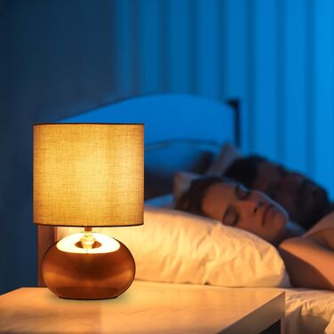 Relaxdays Tischlampe, runde Nachttischlampe mit Touch, HxD: 27,5 x 18 cm, E14, Tischleuchte mit Stoffschirm, (Kupfer/Grau)
