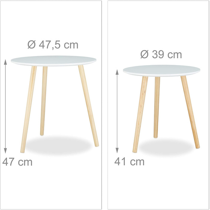Relaxdays Beistelltisch 2er Set skandinavisch, 70er Design, Nachttische, Satztische, Durchmesser 39 und 47,5 cm, weiß, 47.5 x 47.5 x 47 cm