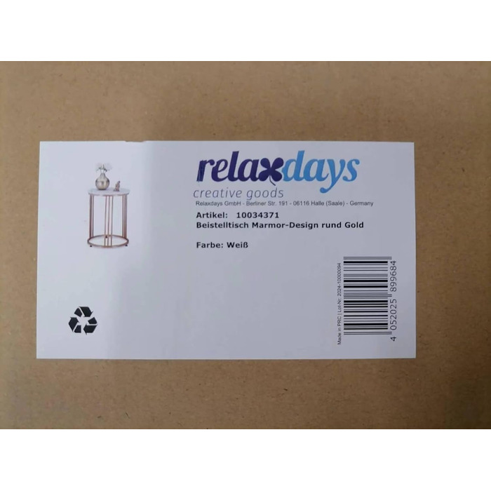 Relaxdays Beistelltisch MARMO, rund, Metall & MDF, Marmoroptik, HxD: 51 x 41 cm, weiß/Gold